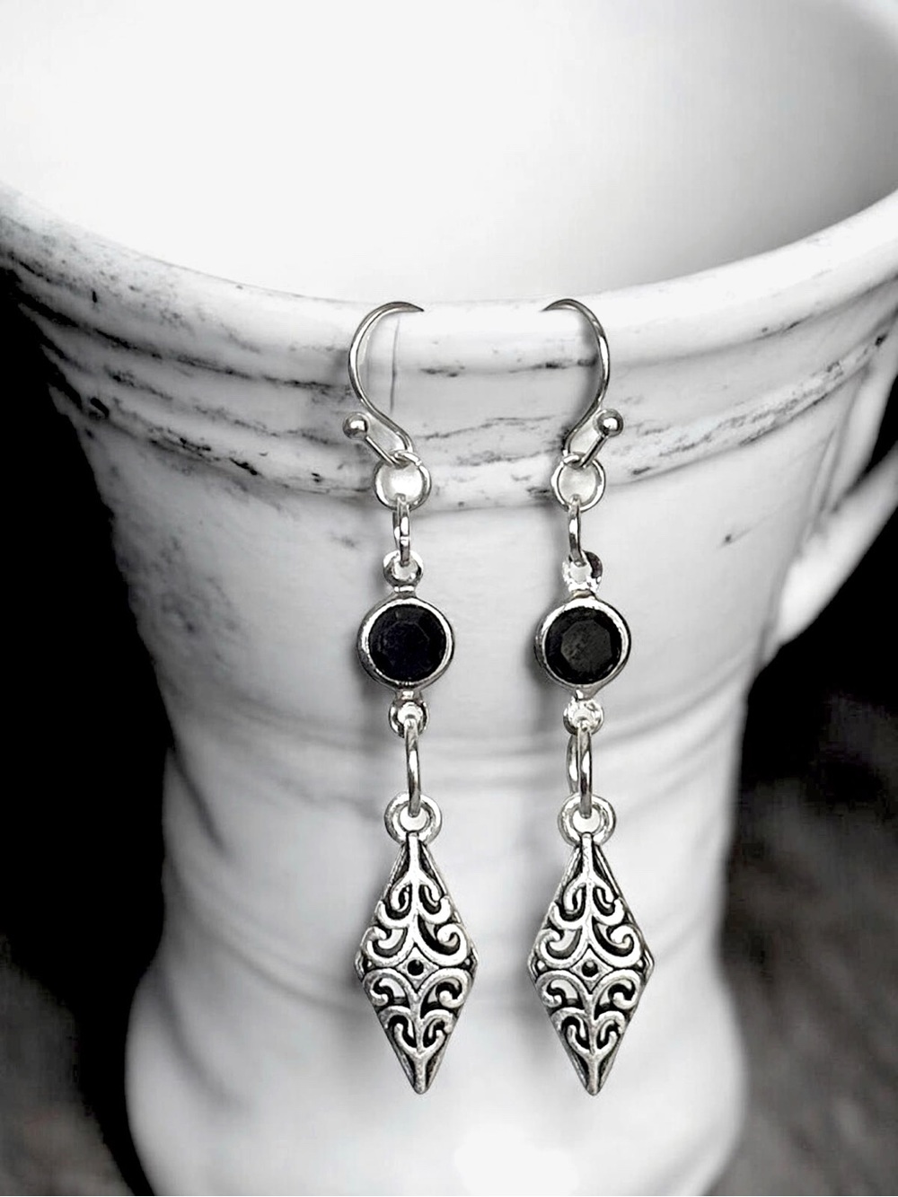 5 For $25💫Long Silver Style Black Gem Drop Filigree Dangles